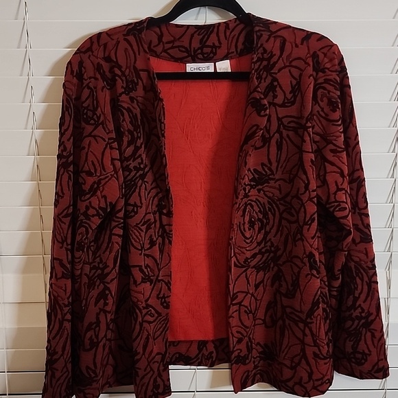 Chico's Sweaters - CHICO'S Travelers Red Black Open Front Cardigan 2 US Large